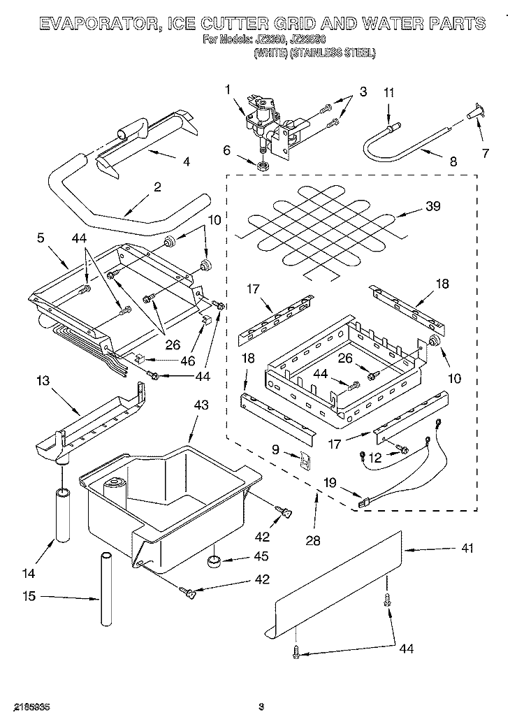 EVAPORATOR, ICE CUTTER GRID AND WATER Diagram and Parts List for JZ235S0  Whirlpool Ice Maker
