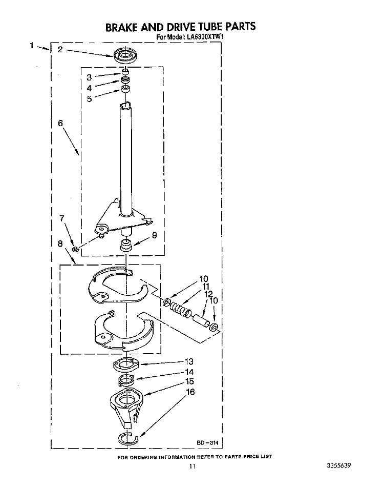 BRAKE AND DRIVE TUBE Diagram and Parts List for LA6300XTF1  Whirlpool Washer