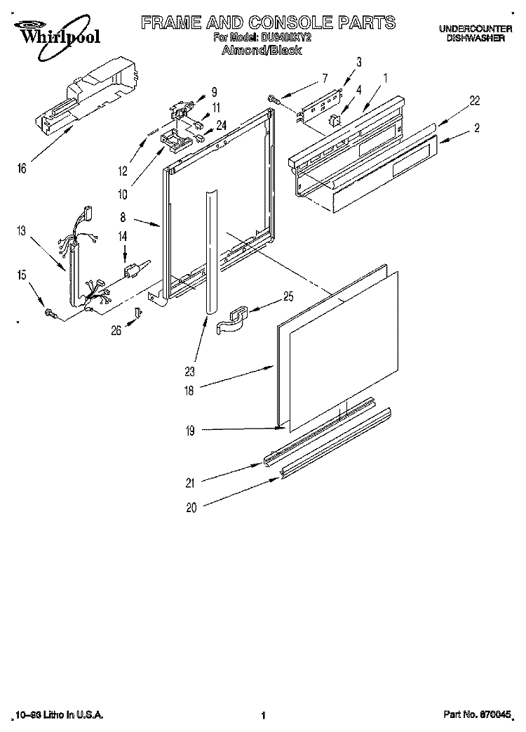 FRAME AND CONSOLE Diagram and Parts List for DU9400XY2  Whirlpool Dishwasher