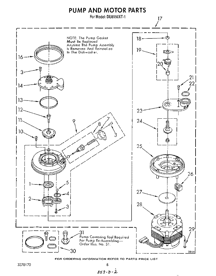 PUMP AND MOTOR Diagram and Parts List for DU8950XT1  Whirlpool Dishwasher