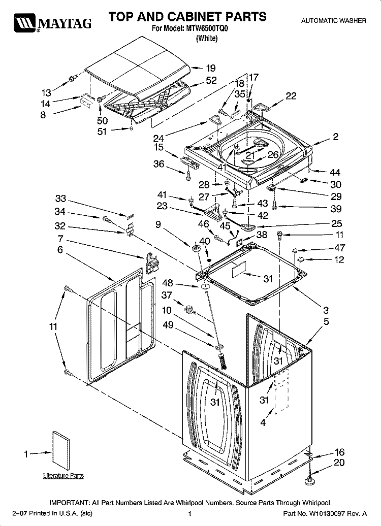 TOP AND CABINET PARTS Diagram and Parts List for MTW6500TQ0  Whirlpool Washer