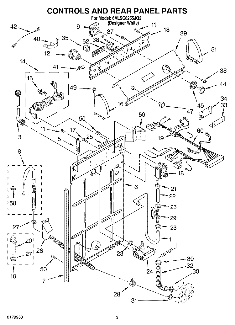 CONTROLS AND REAR PANEL PARTS Diagram and Parts List for 6ALSC8255JQ2  Whirlpool Washer