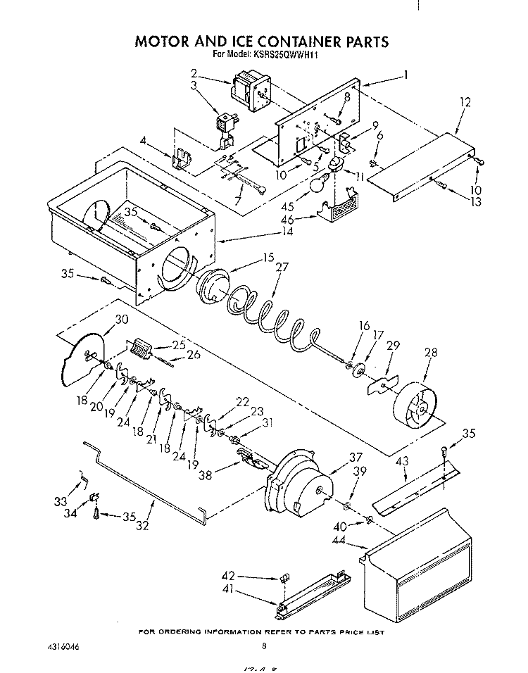 MOTOR AND ICE CONTAINER Diagram and Parts List for KSRS25QWWH11  KitchenAid Refrigerator