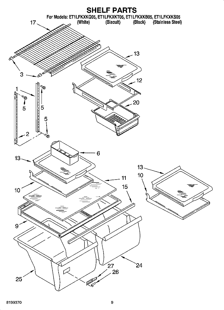 SHELF PARTS, OPTIONAL PARTS Diagram and Parts List for ET1LFKXKS05  Whirlpool Refrigerator