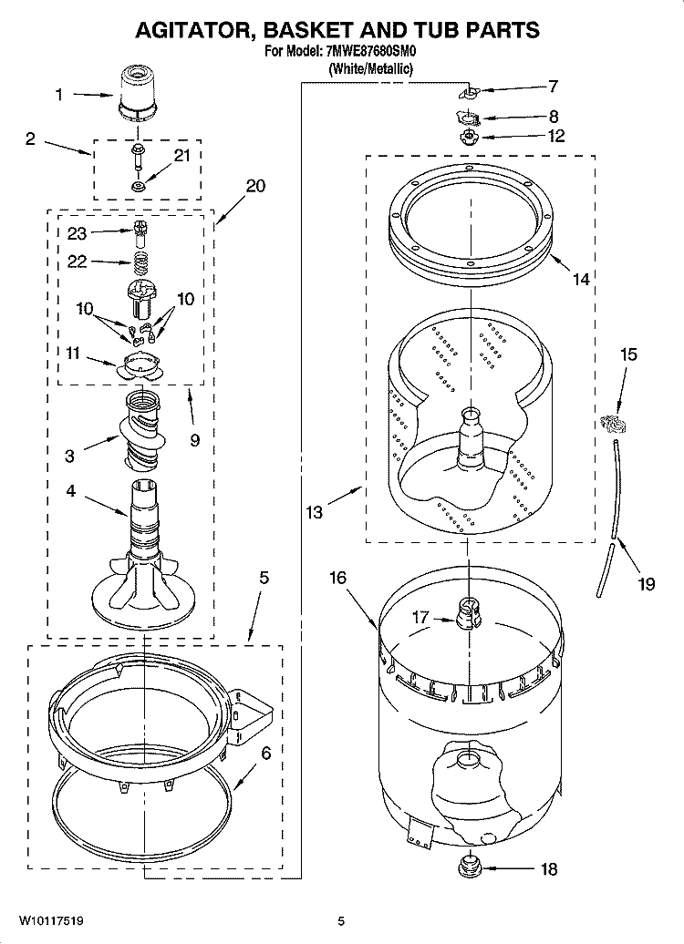 AGITATOR, BASKET AND TUB PARTS Diagram and Parts List for 7MWE87680SM0  Whirlpool Washer