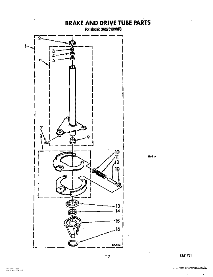BRAKE AND DRIVE TUBE Diagram and Parts List for CA2751XWW0  Whirlpool Washer