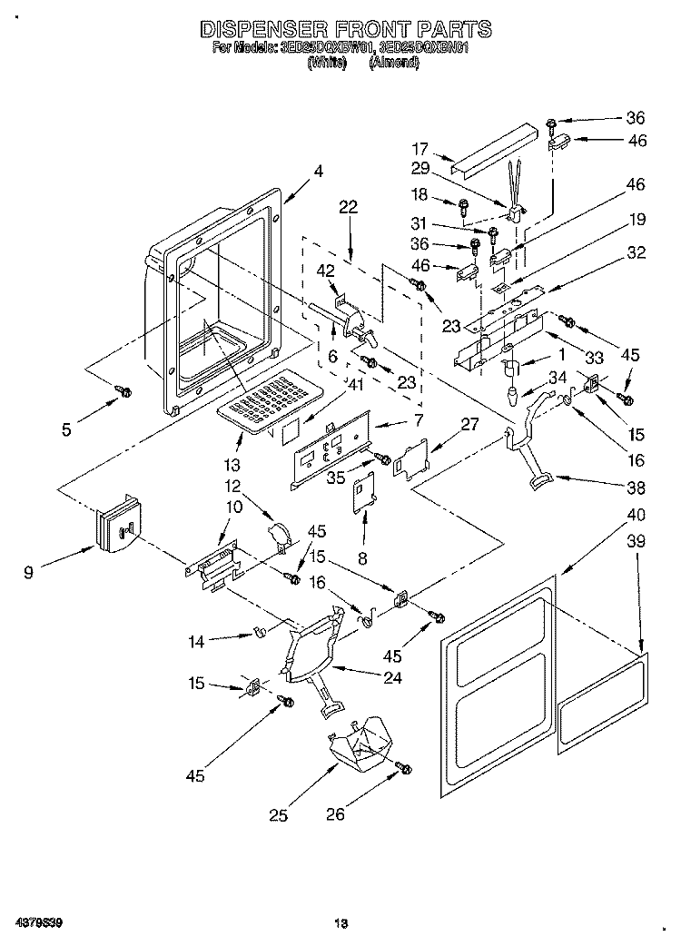 DISPENSER FRONT Diagram and Parts List for 3ED25DQXBN01  Whirlpool Refrigerator