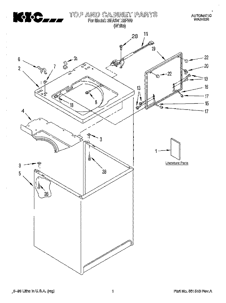 TOP AND CABINET, LITERATURE Diagram and Parts List for 3MAS4132FW0  Whirlpool Washer