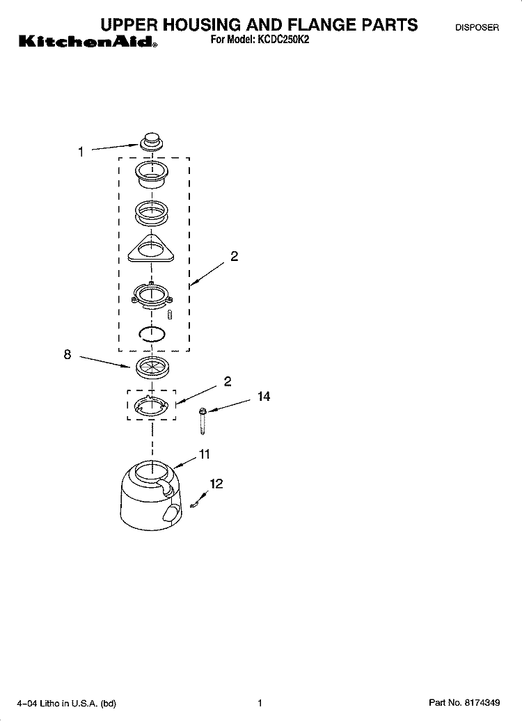 UPPER HOUSING AND FLANGE PARTS Diagram and Parts List for KCDC250K2  KitchenAid Food Waste Disposer