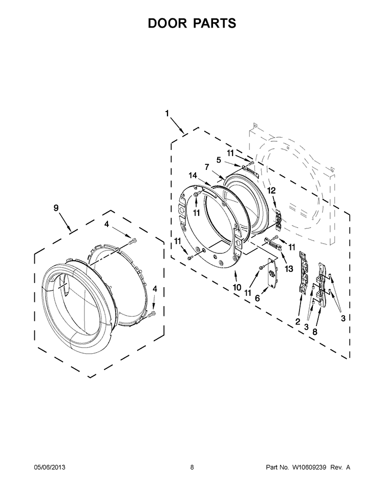 DOOR PARTS Diagram and Parts List for YWED80HEBW0  Whirlpool Dryer