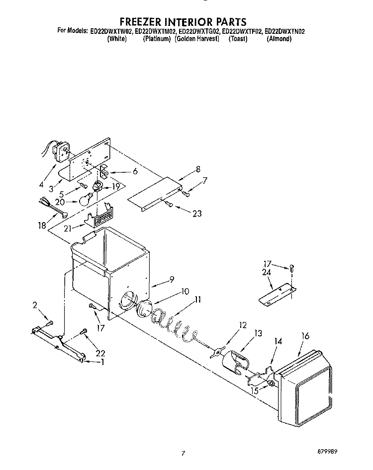 FREEZER INTERIOR Diagram and Parts List for ED22DWXTG02  Whirlpool Refrigerator