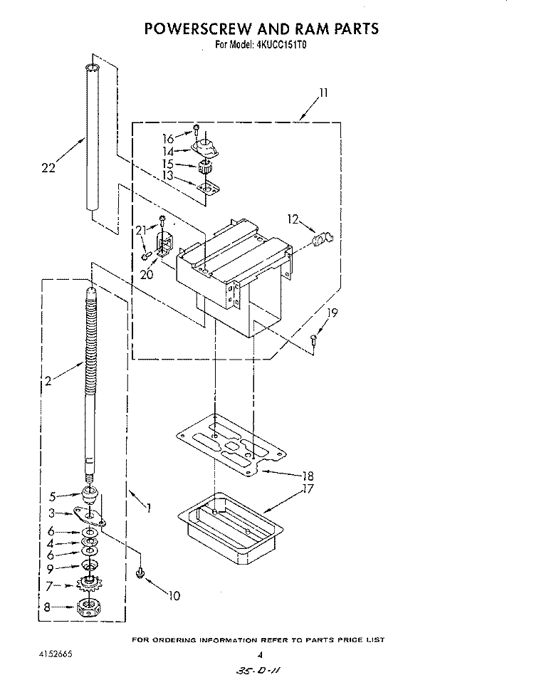 POWER SCREW AND RAM Diagram and Parts List for 4KUCC151T0  KitchenAid Trash Compactor
