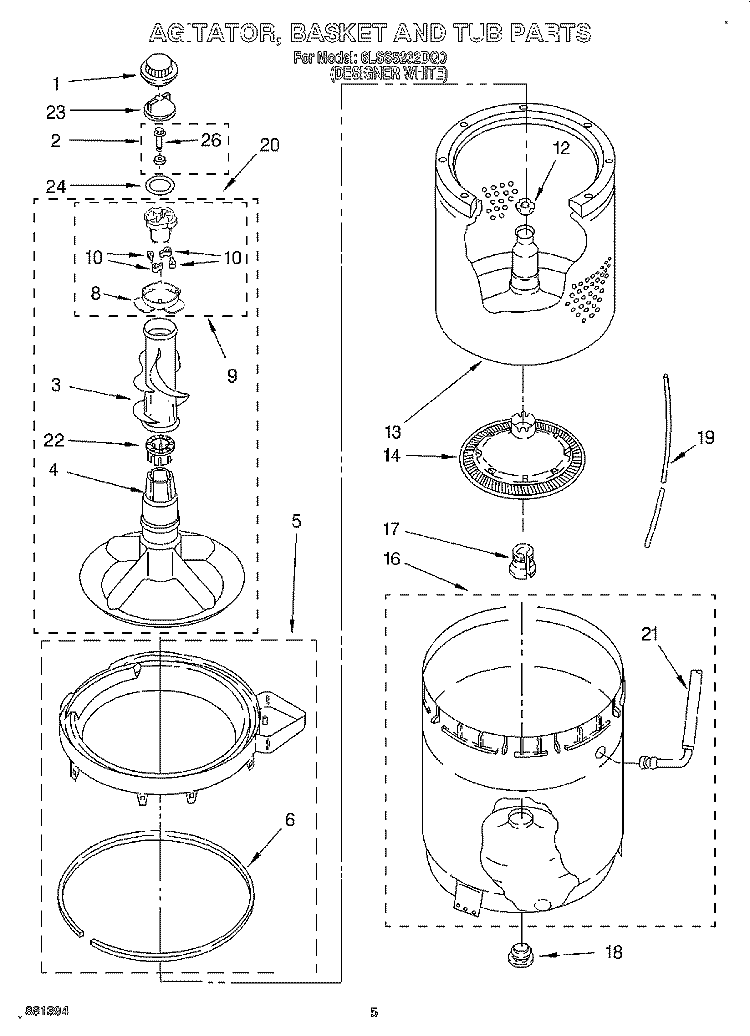 AGITATOR, BASKET AND TUB Diagram and Parts List for 6LSS5232DQ0  Whirlpool Washer