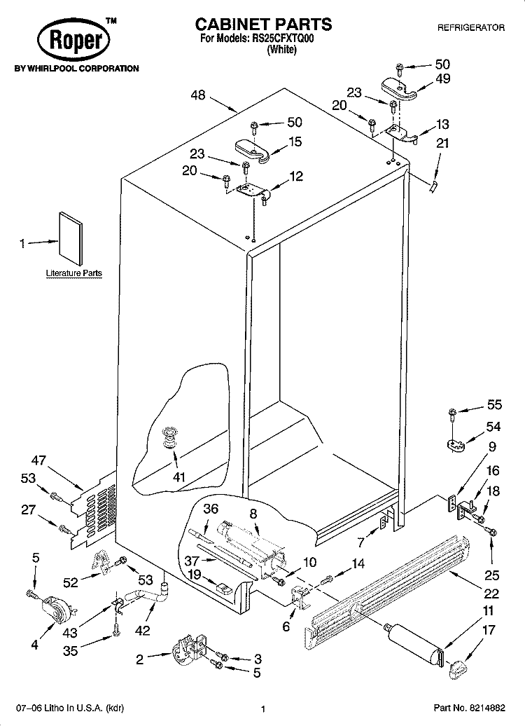 CABINET PARTS Diagram and Parts List for RS25CFXTQ00  Roper Refrigerator