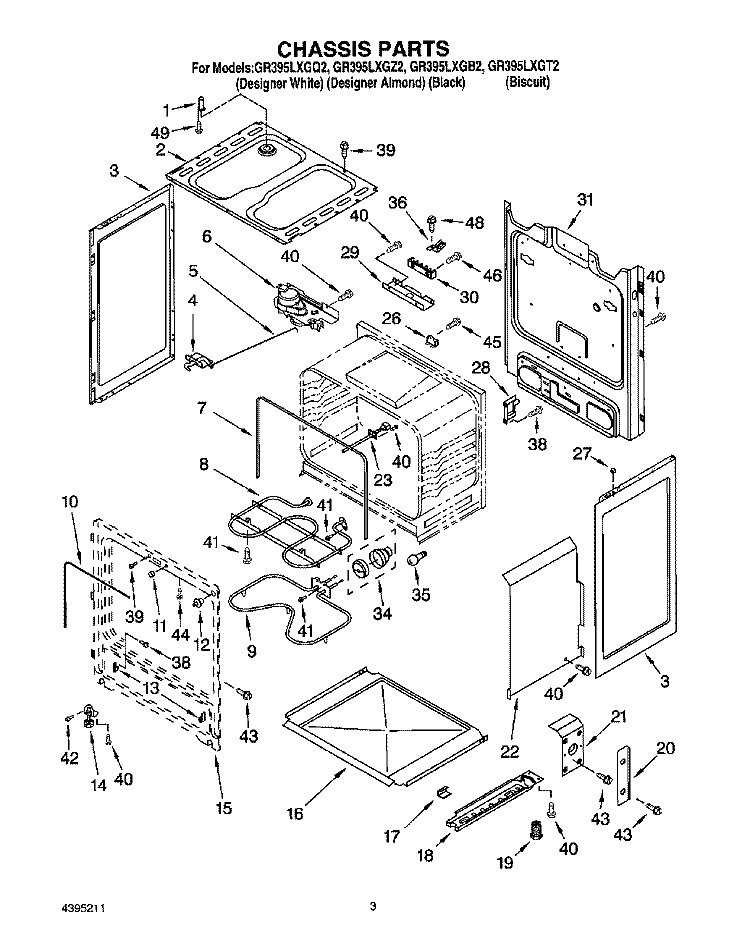 CHASSIS Diagram and Parts List for GR395LXGT2  Whirlpool Range