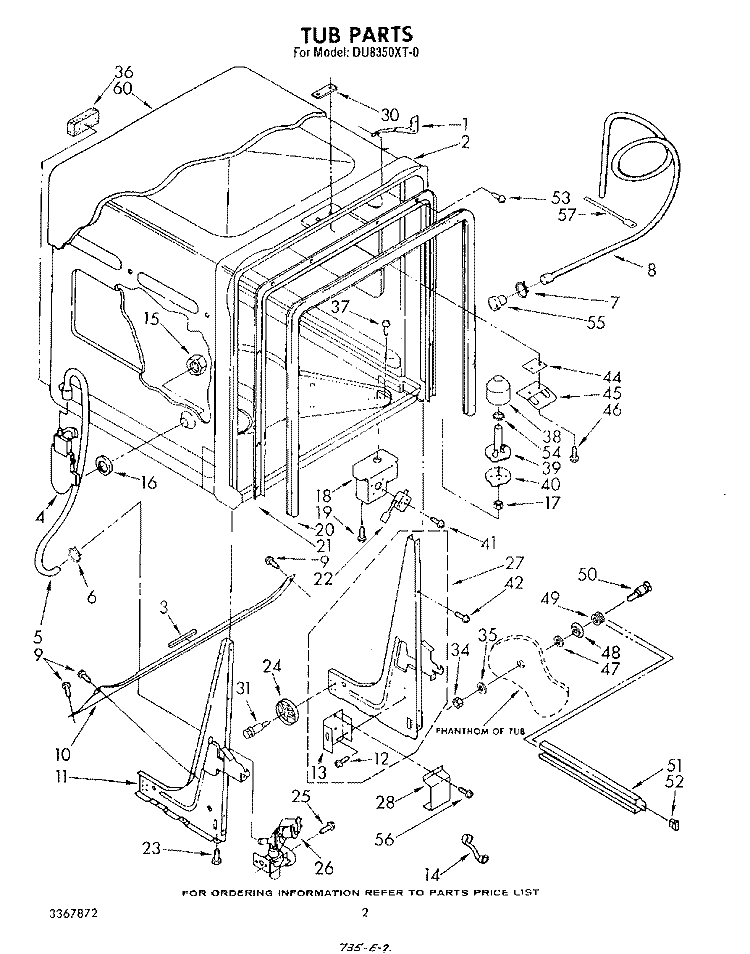 TUB , LIT/OPTIONAL Diagram and Parts List for DU8350XT0  Whirlpool Dishwasher