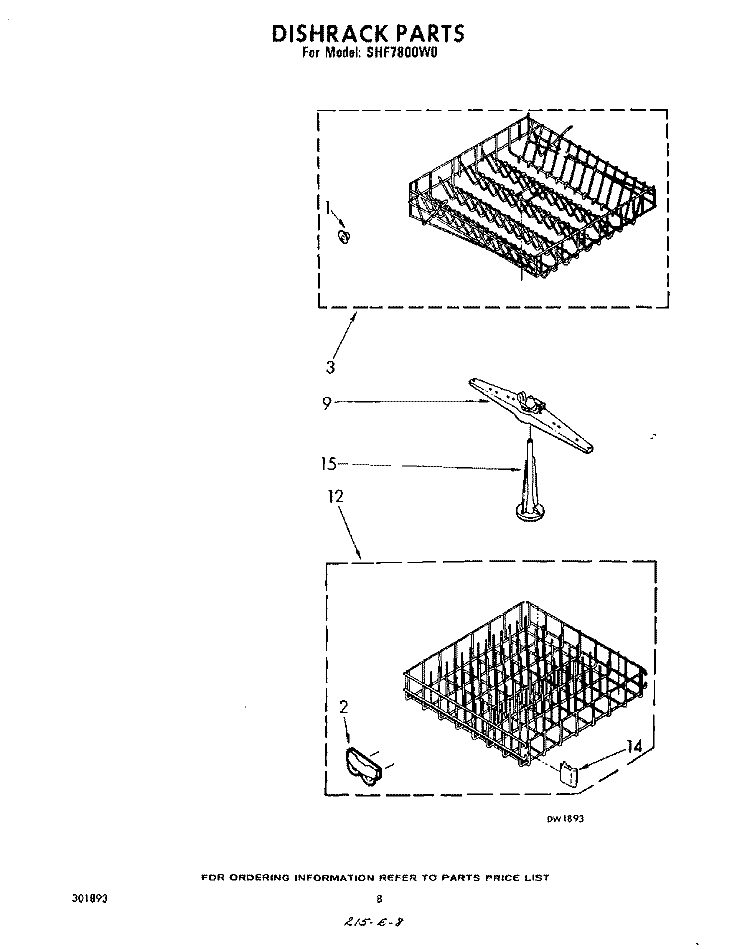DISHRACK Diagram and Parts List for SHF7800W0  Whirlpool Dishwasher
