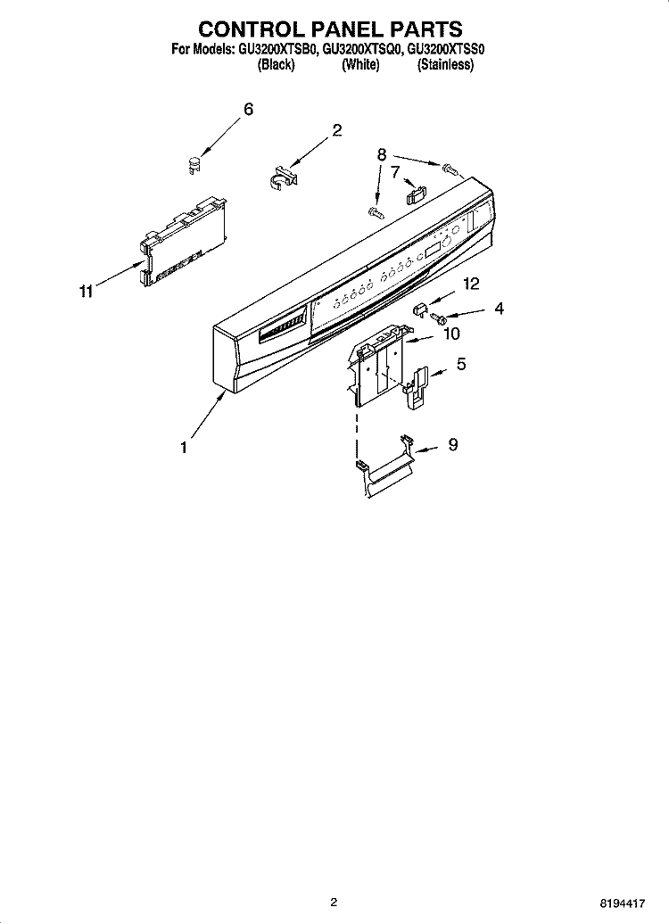 CONTROL PANEL PARTS Diagram and Parts List for GU3200XTSS0  Whirlpool Dishwasher