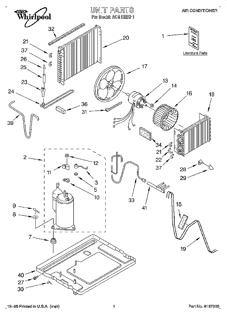 UNIT, LITERATURE Diagram and Parts List for ACM122XH1  Whirlpool Air Conditioner