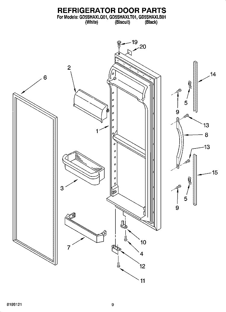 REFRIGERATOR DOOR PARTS Diagram and Parts List for GD5SHAXLT01  Whirlpool Refrigerator