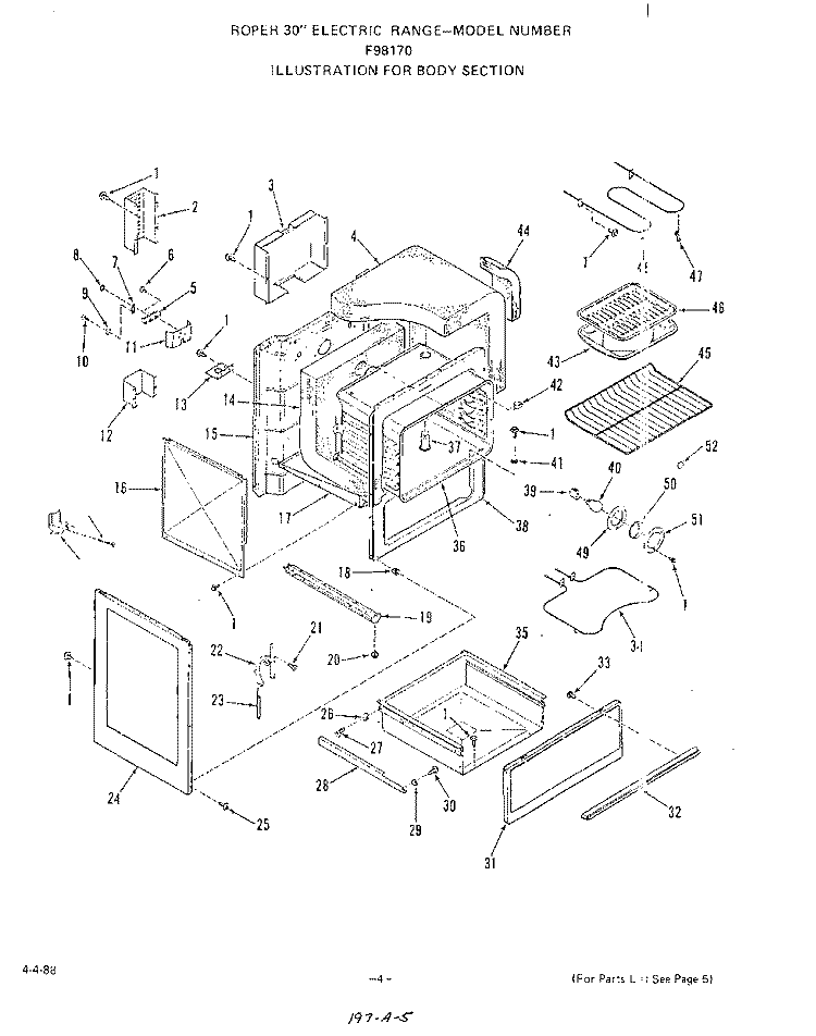 BODY Diagram and Parts List for F9817W0  Roper Range