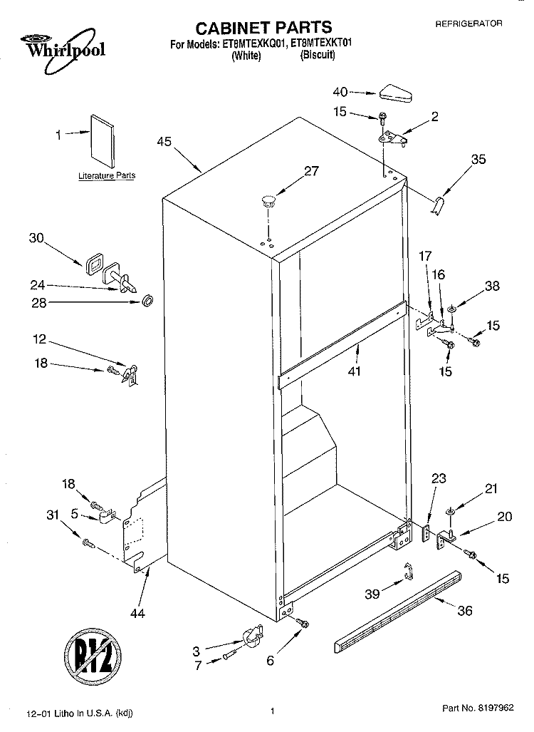 CABINET, LITERATURE Diagram and Parts List for ET8MTEXKQ01  Whirlpool Refrigerator