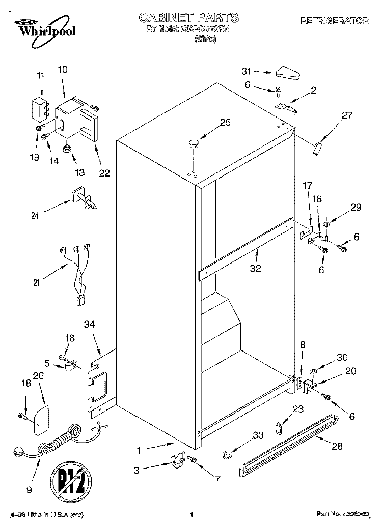CABINET Diagram and Parts List for 3XARG477GF01  Whirlpool Refrigerator
