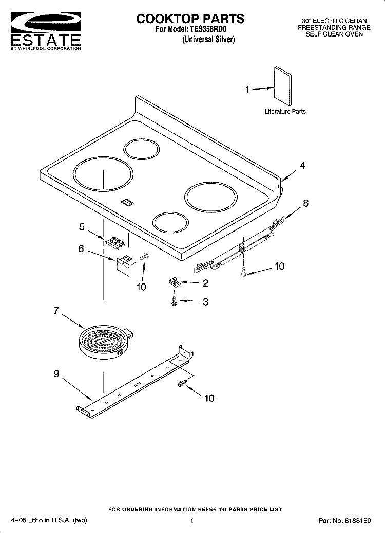 COOKTOP PARTS Diagram and Parts List for TES356RD0  Estate Range