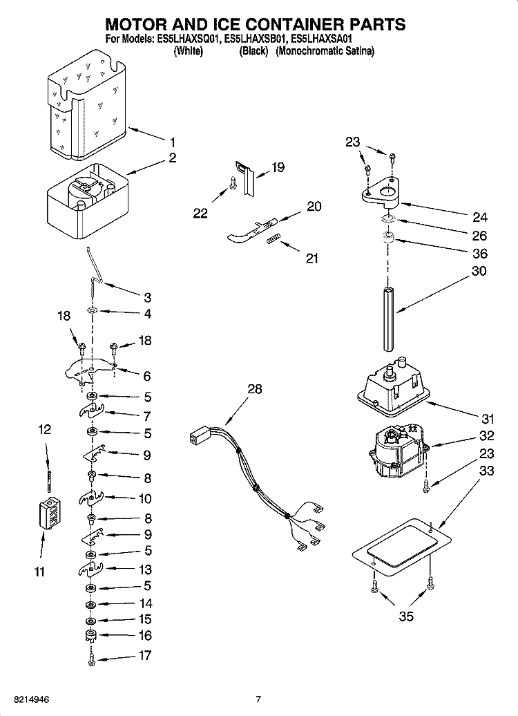 MOTOR AND ICE CONTAINER PARTS Diagram and Parts List for ES5LHAXSQ01  Whirlpool Refrigerator
