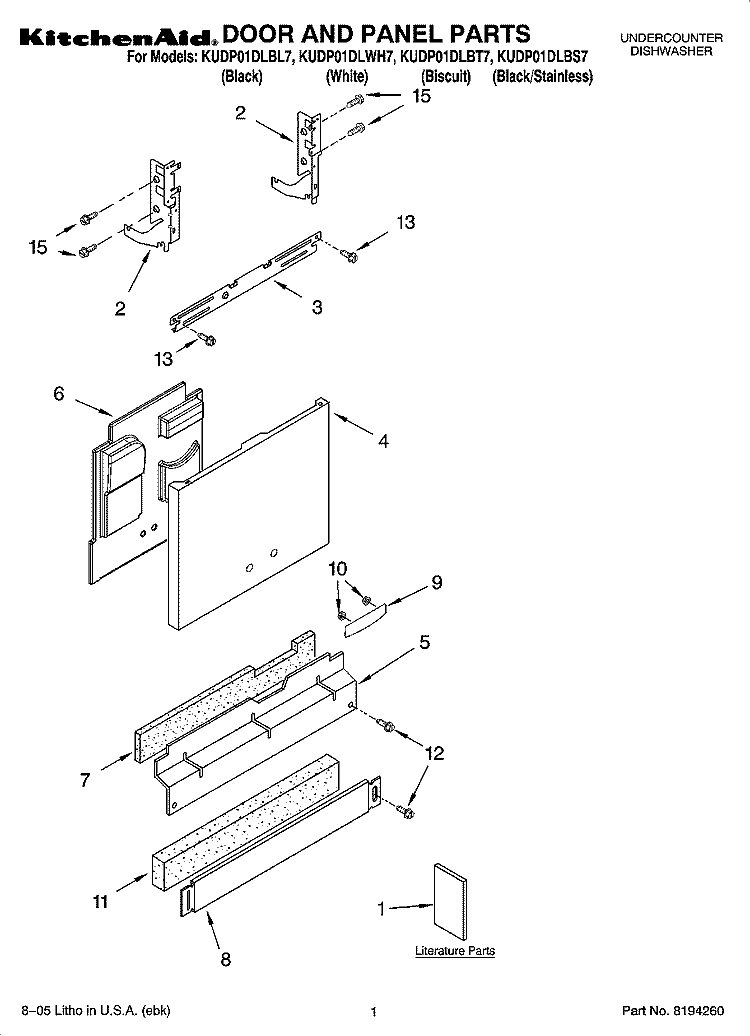 DOOR AND PANEL PARTS Diagram and Parts List for KUDP01DLBL7  KitchenAid Dishwasher