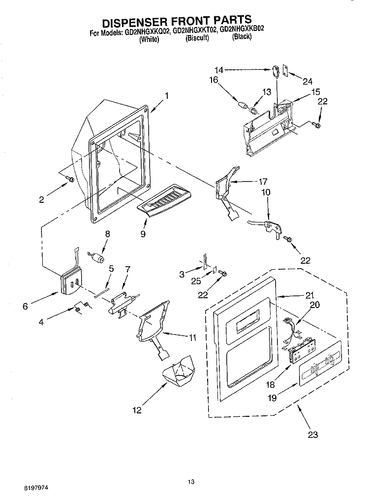 DISPENSER FRONT Diagram and Parts List for GD2NHGXKQ02  Whirlpool Refrigerator