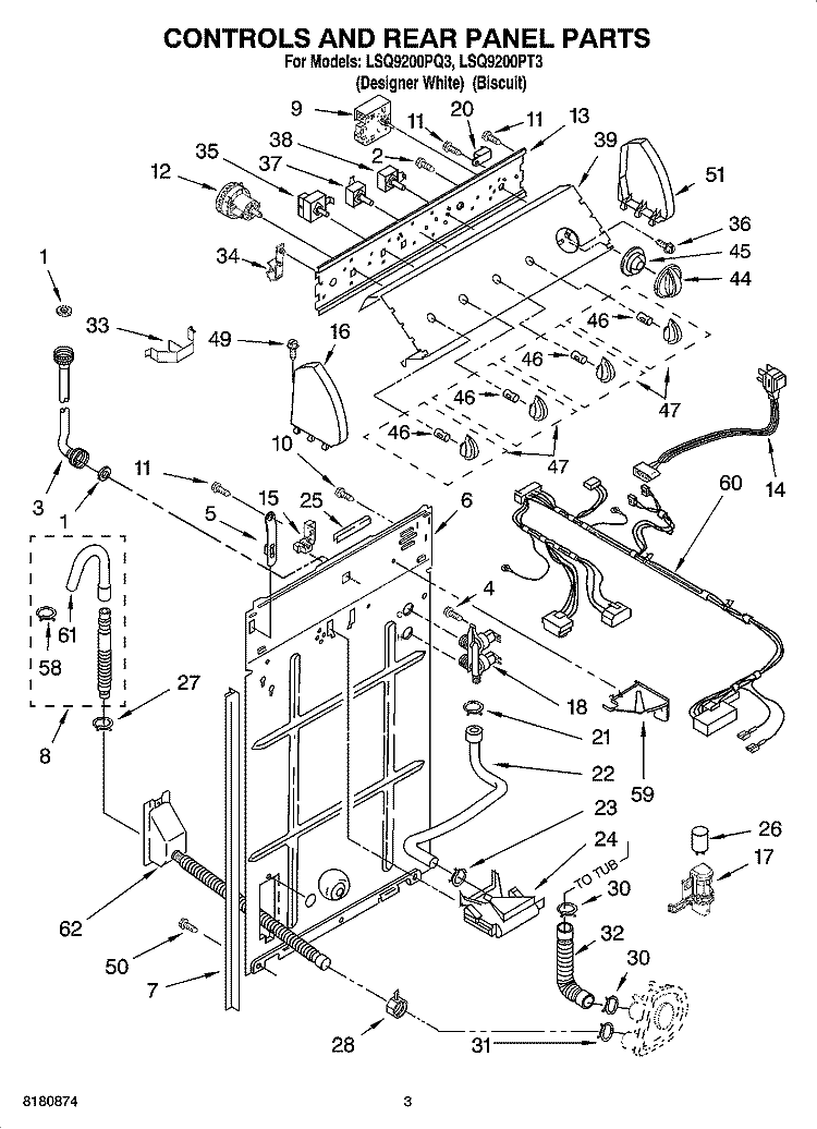 CONTROLS AND REAR PANEL PARTS Diagram and Parts List for LSQ9200PT3  Whirlpool Washer