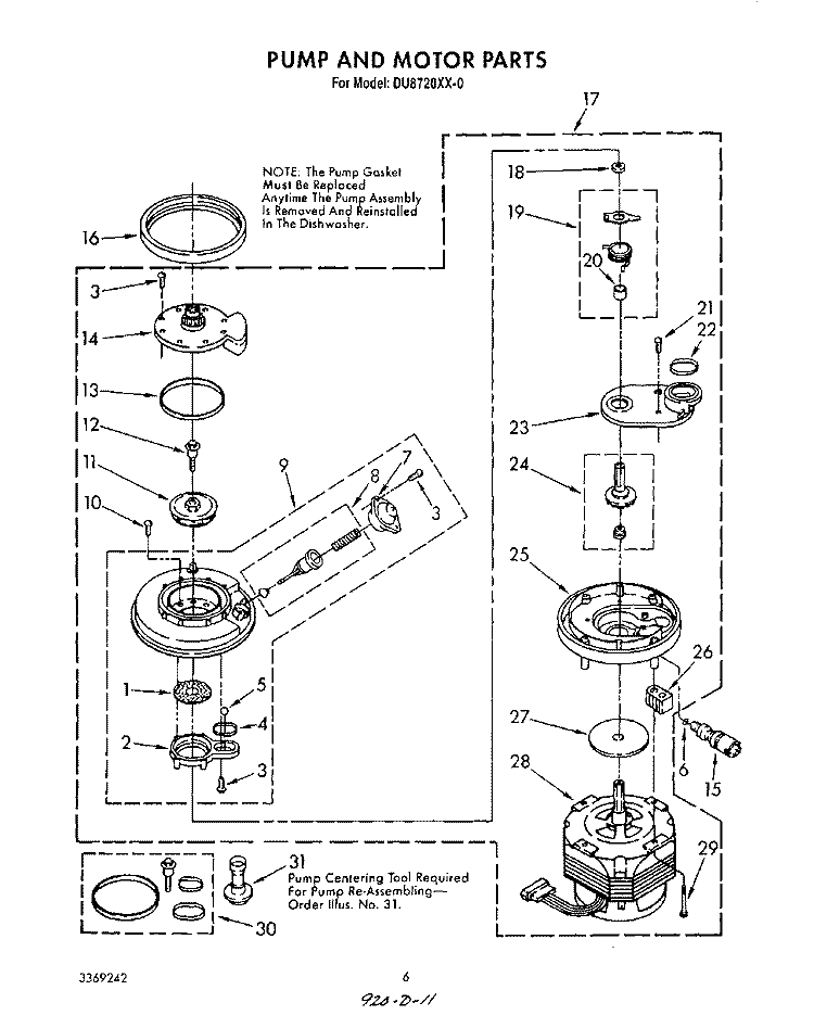 PUMP AND MOTOR Diagram and Parts List for DU8720XX0  Whirlpool Dishwasher