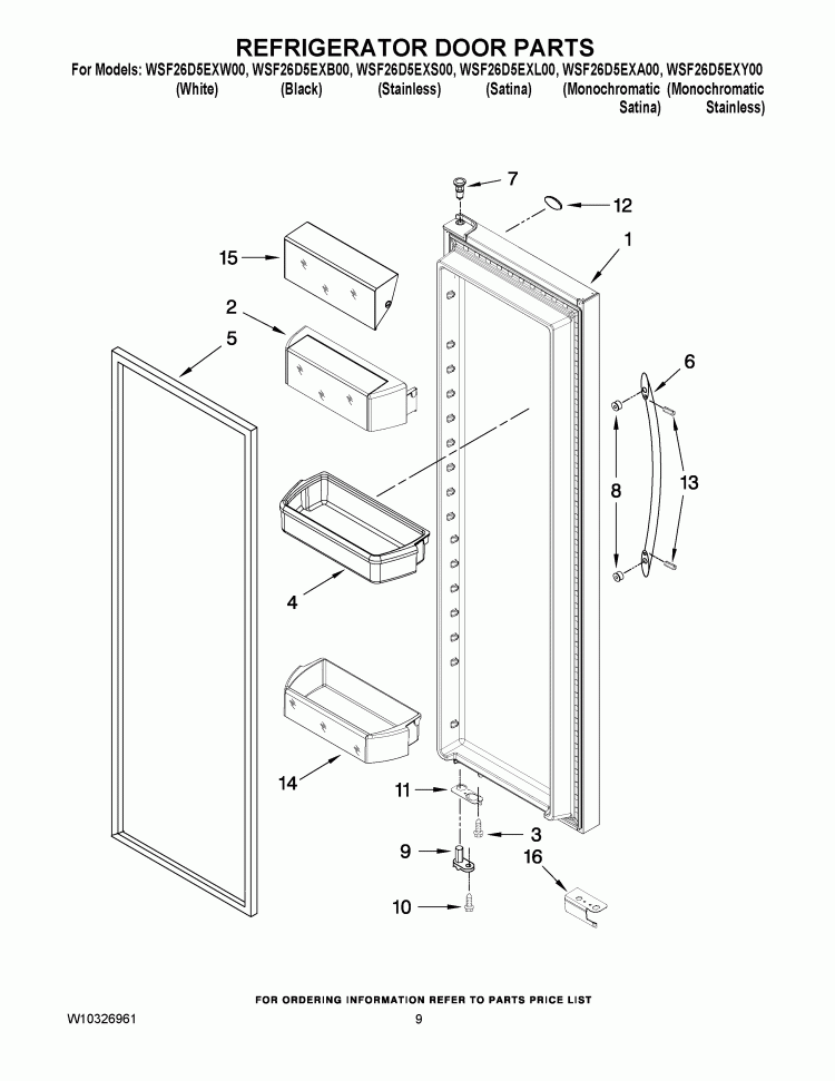 REFRIGERATOR DOOR PARTS Diagram and Parts List for WSF26D5EXL00  Whirlpool Refrigerator
