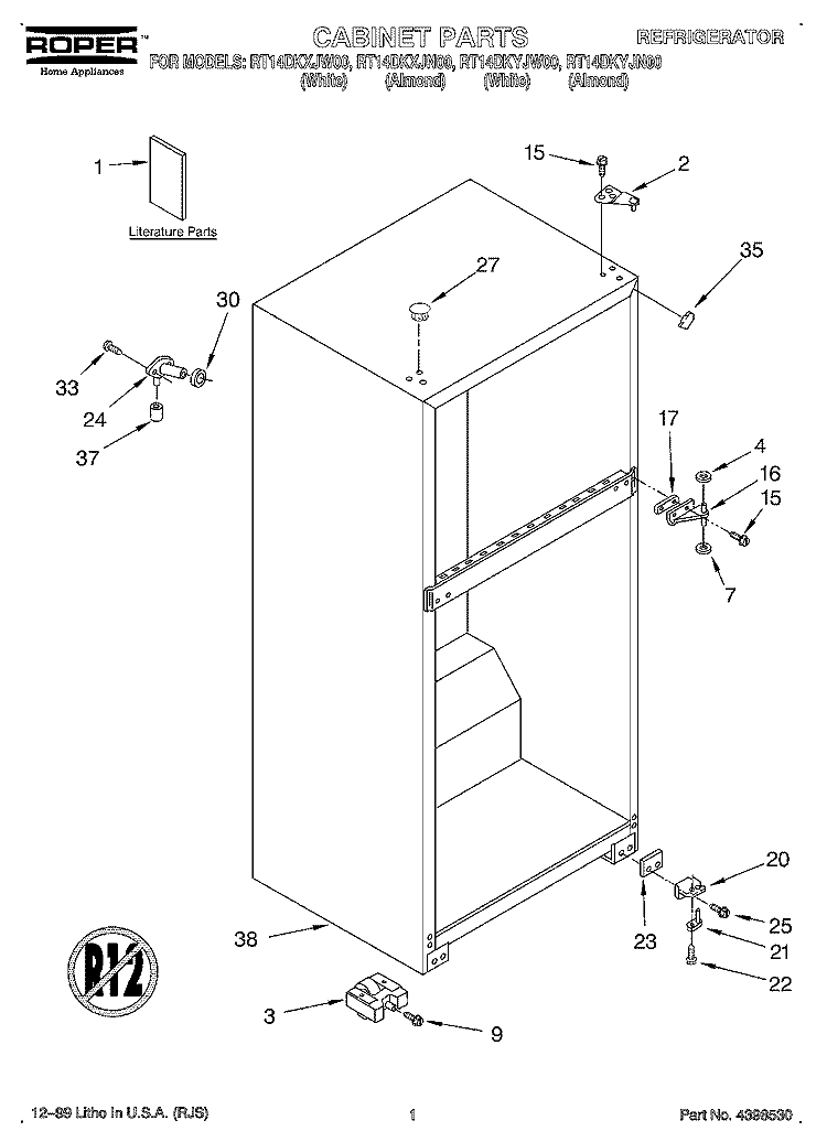 CABINET, LITERATURE Diagram and Parts List for RT14DKYJN00  Roper Refrigerator