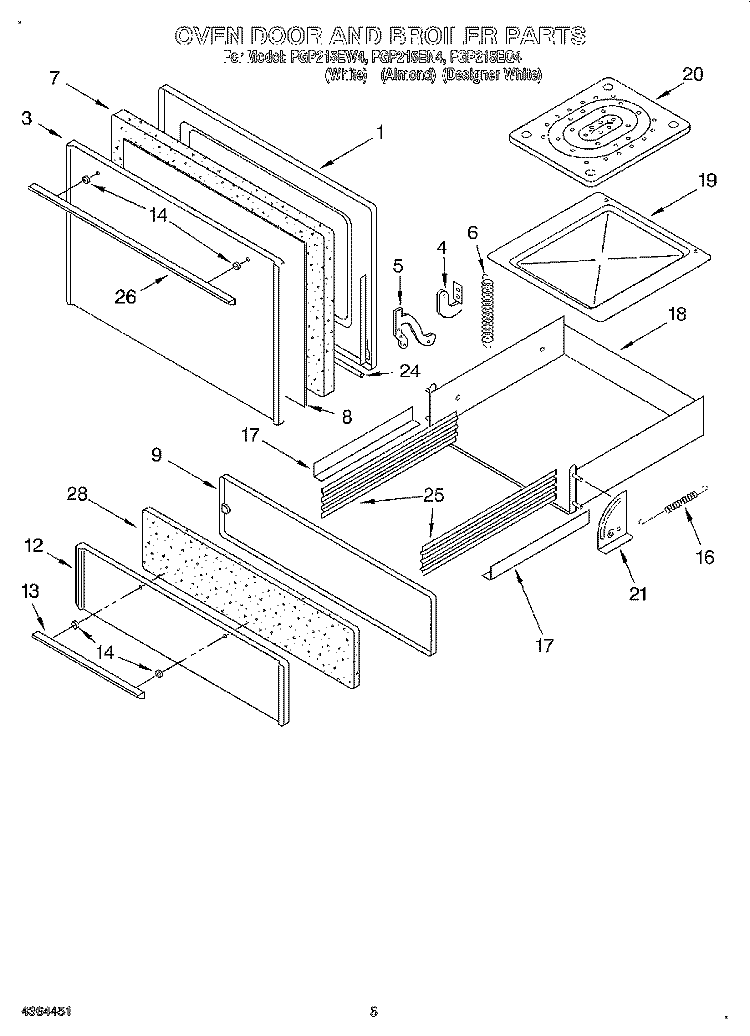 OVEN DOOR AND BROILER Diagram and Parts List for FGP215EW4  Roper Range