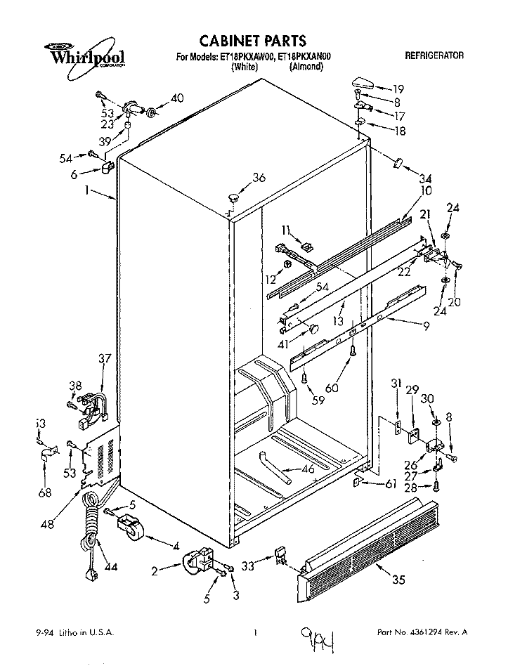 CABINET Diagram and Parts List for ET18PKXAN00  Whirlpool Refrigerator
