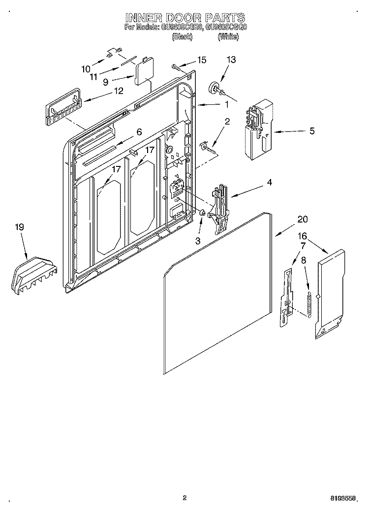 INNER DOOR Diagram and Parts List for GU960SCGQ0  Whirlpool Dishwasher