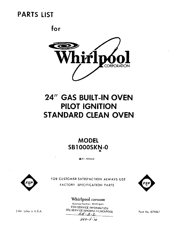 SECTION Diagram and Parts List for SB1000SKN0  Whirlpool Wall Oven