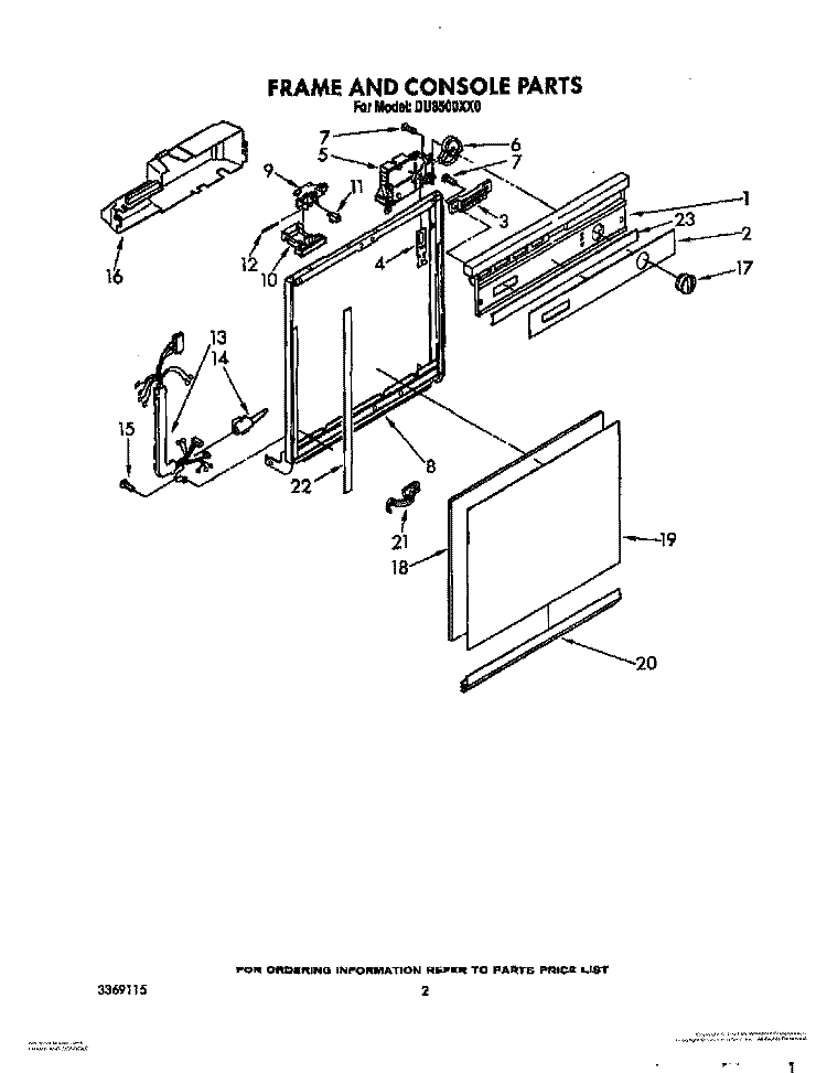FRAME AND CONSOLE Diagram and Parts List for DU8500XX0  Whirlpool Dishwasher