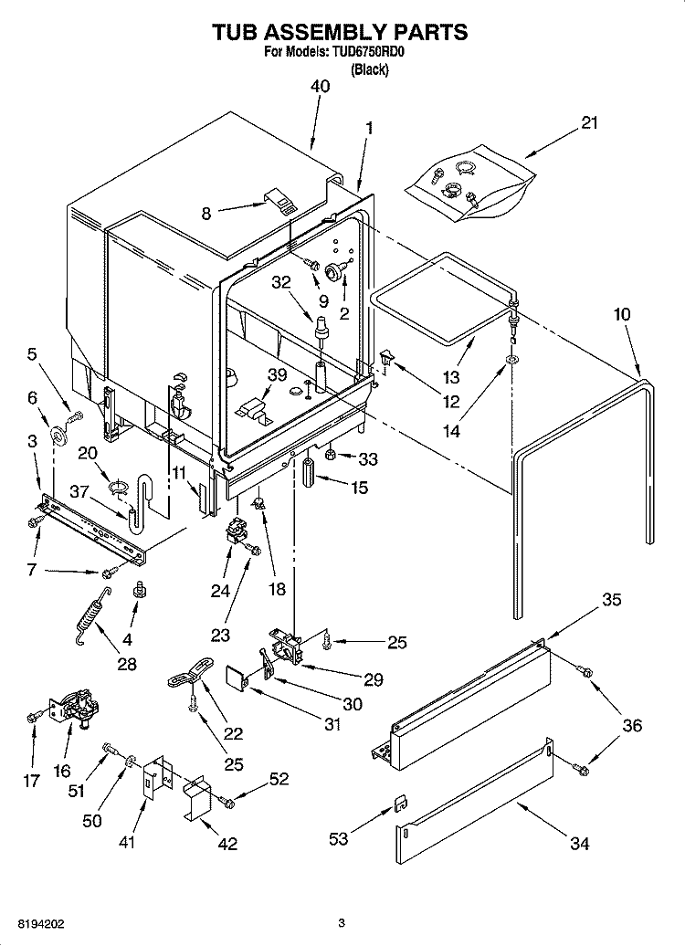 TUB ASSEMBLY PARTS Diagram and Parts List for TUD6750RD0  Estate Dishwasher