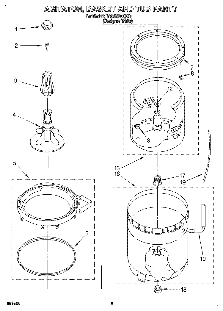 AGITATOR, BASKET AND TUB Diagram and Parts List for TAWB600DQ0  Estate Washer