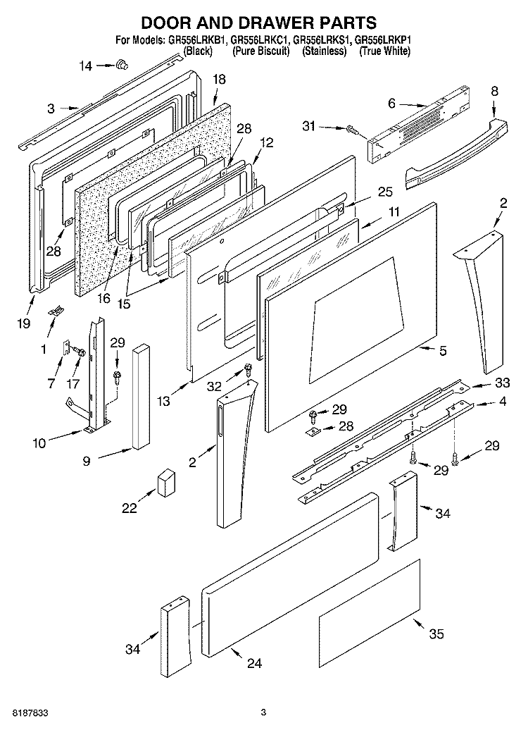 DOOR AND DRAWER PARTS Diagram and Parts List for GR556LRKP1  Whirlpool Range