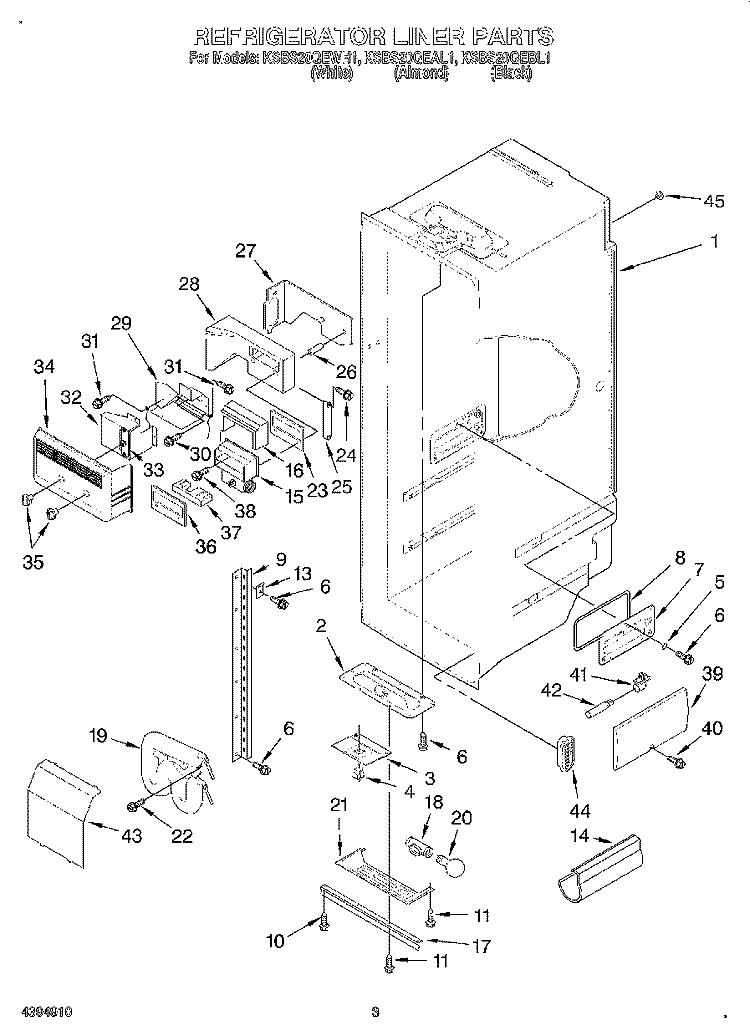 REFRIGERATOR LINER Diagram and Parts List for KSBS20QEAL1  KitchenAid Refrigerator