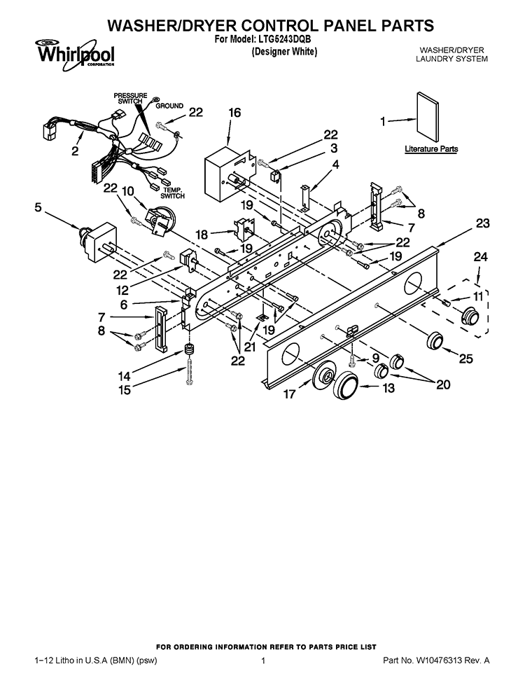 WASHER/DRYER CONTROL PANEL PARTS Diagram and Parts List for LTG5243DQB  Whirlpool Washer Dryer Combo