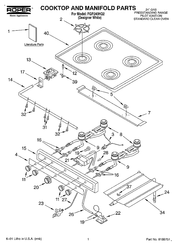 COOKTOP AND MANIFOLD, LITERATURE Diagram and Parts List for FGP240HQ2  Roper Range