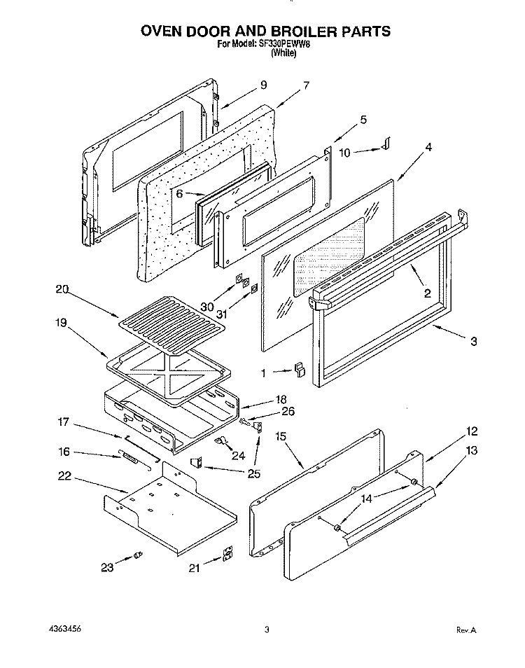 OVEN DOOR AND BROILER Diagram and Parts List for SF330PEWW8  Whirlpool Range