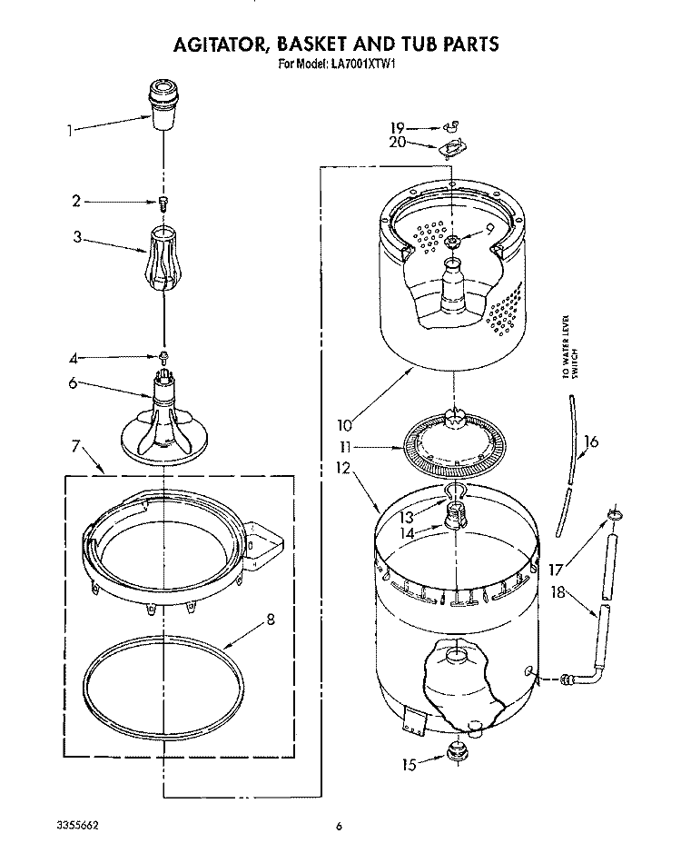 AGITATOR, BASKET AND TUB Diagram and Parts List for LA7001XTF1  Whirlpool Washer