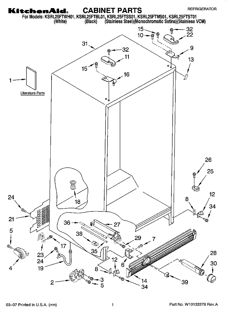 CABINET PARTS Diagram and Parts List for KSRL25FTSS01  KitchenAid Refrigerator