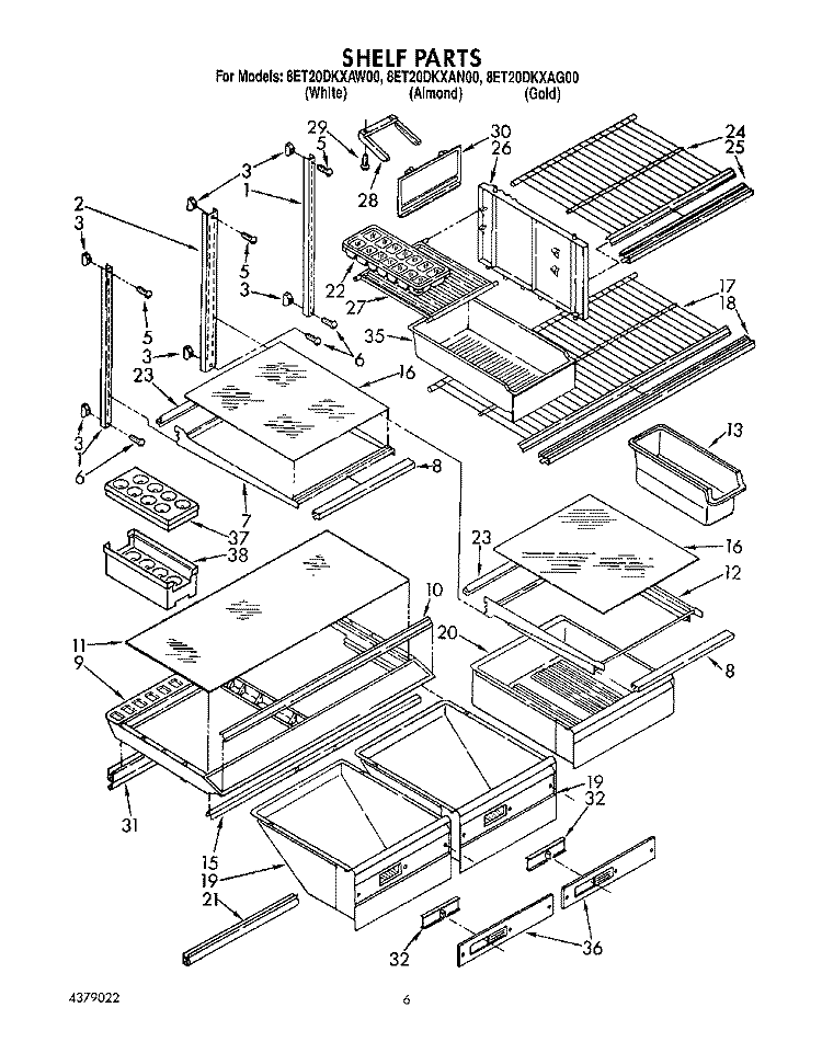 SHELF, LIT/OPTIONAL Diagram and Parts List for 8ET20DKXAN00  Whirlpool Refrigerator